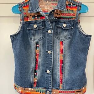 Upcycled Denim Vest with Tribal Fabric Inserts